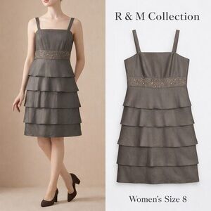 R & M Collection Tiered Rhinestone Waist Dress Size 8 Gold Cocktail Sleeveless